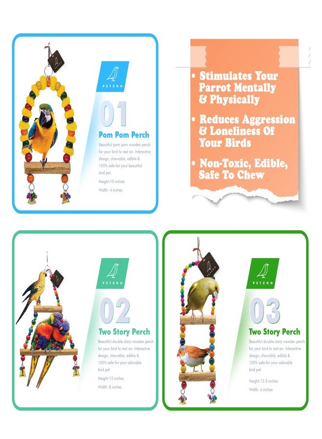 PETZOO Bundle of 3 Multicolor Natural Wooden 2-Storey Bird Perches Toys Resting Toy Chew Toy for Your Birds, Parrots, Finches, African Gray, Conure Activity - Image 2
